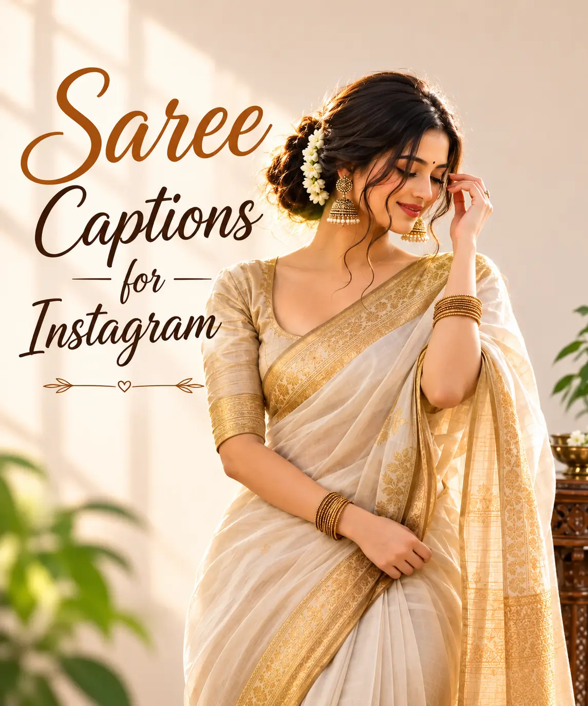 Elegant woman wearing a cream and gold saree, perfect for saree captions for Instagram