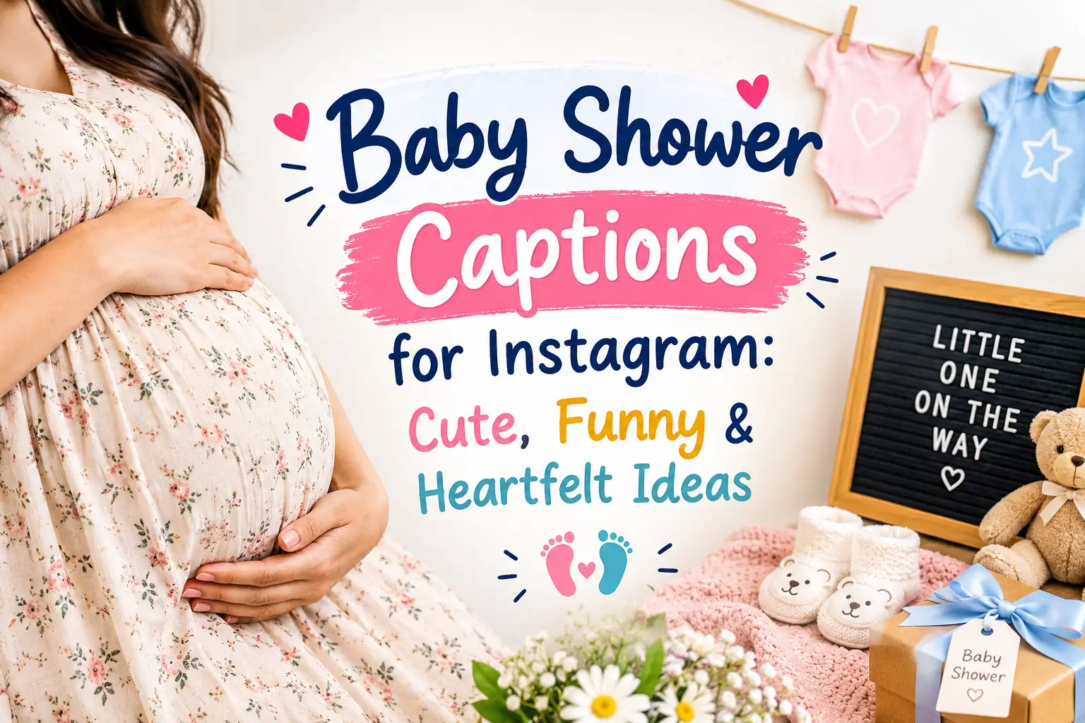 Cute baby shower setup with baby clothes, gifts, teddy bear and Baby Shower Captions for Instagram text