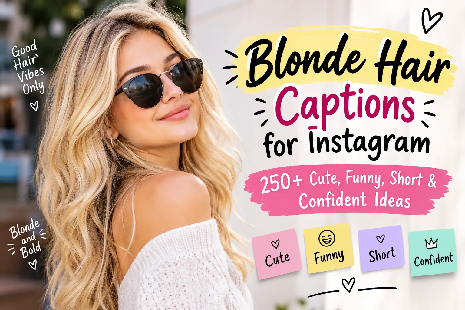 Blonde woman with stylish hair featured in a graphic for blonde hair captions for Instagram