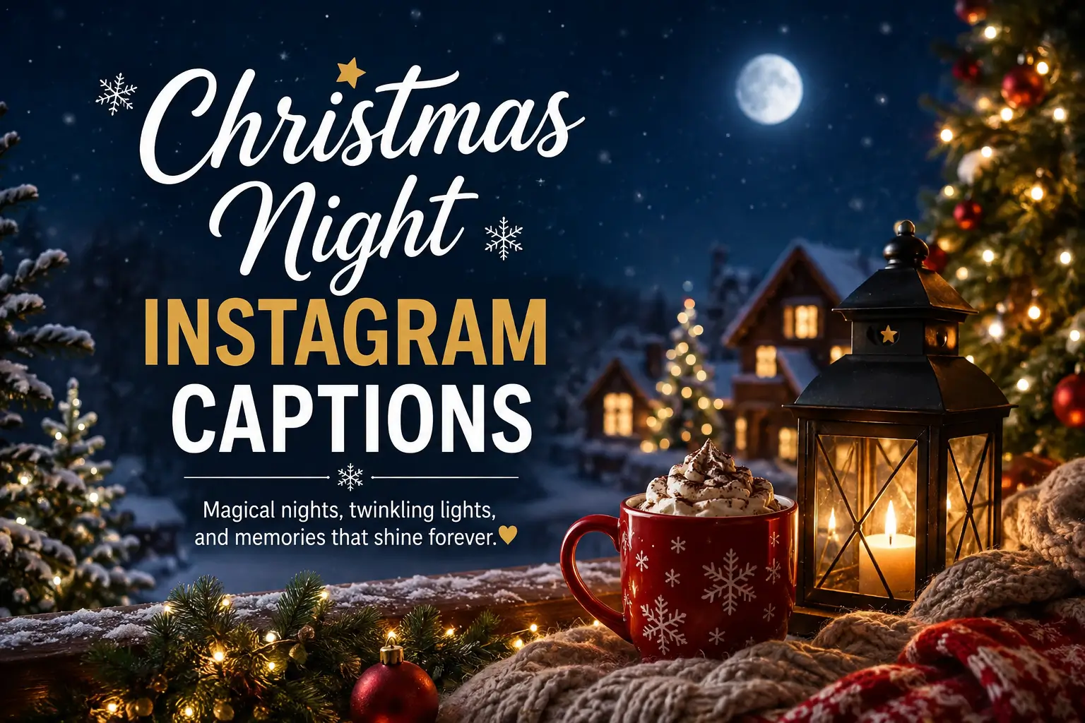 Christmas Night Instagram Captions with festive lights, Christmas tree, lantern, and cozy winter scene