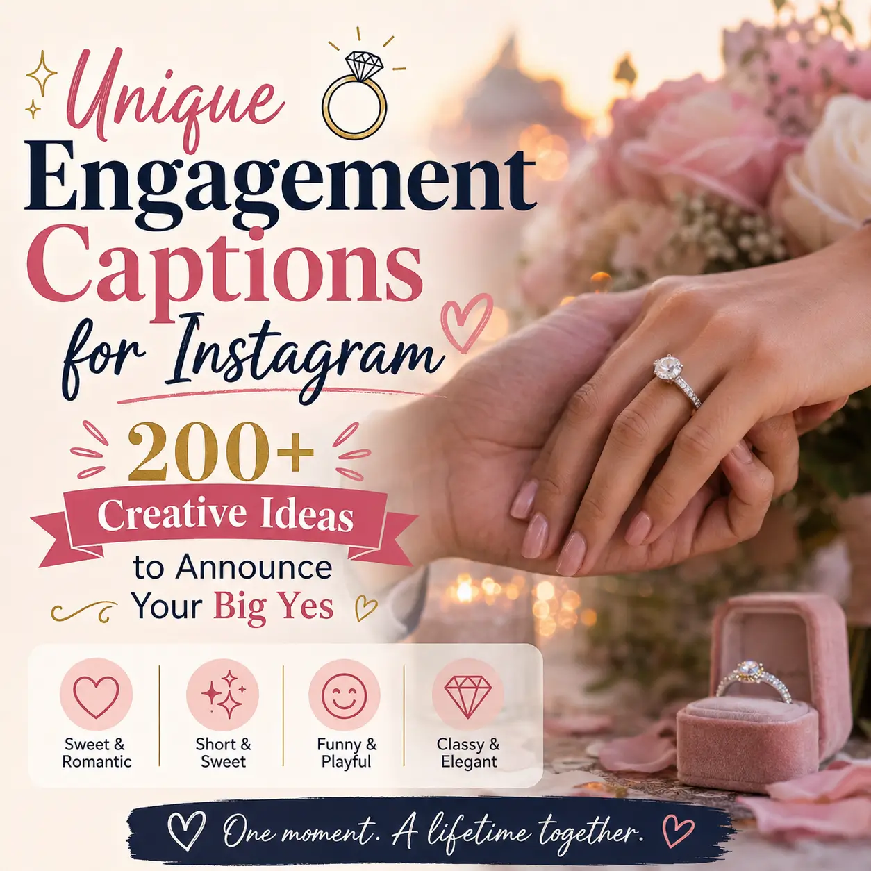 Unique engagement captions for Instagram with romantic ring and proposal photo