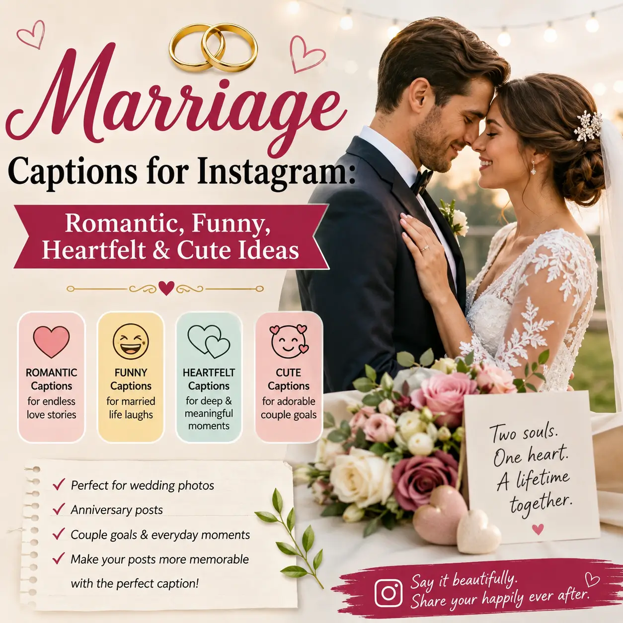 Marriage Captions for Instagram with romantic, funny, heartfelt and cute caption ideas