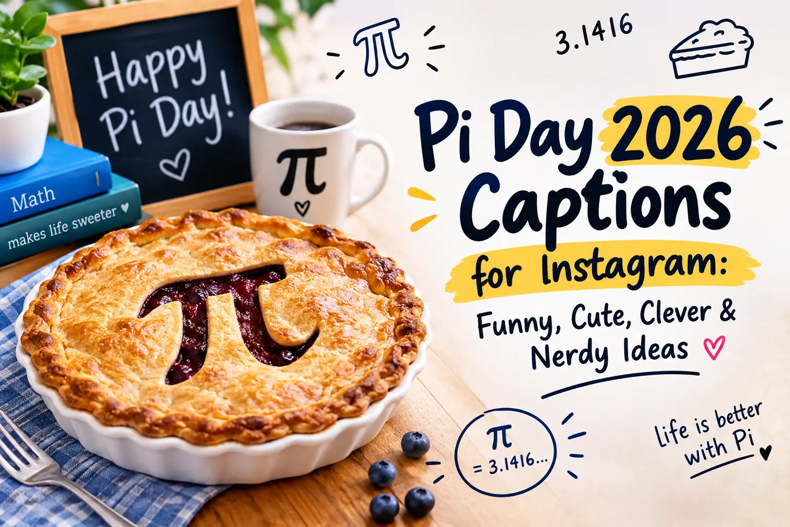 Pi Day 2026 captions for Instagram with funny, cute, clever, and nerdy ideas