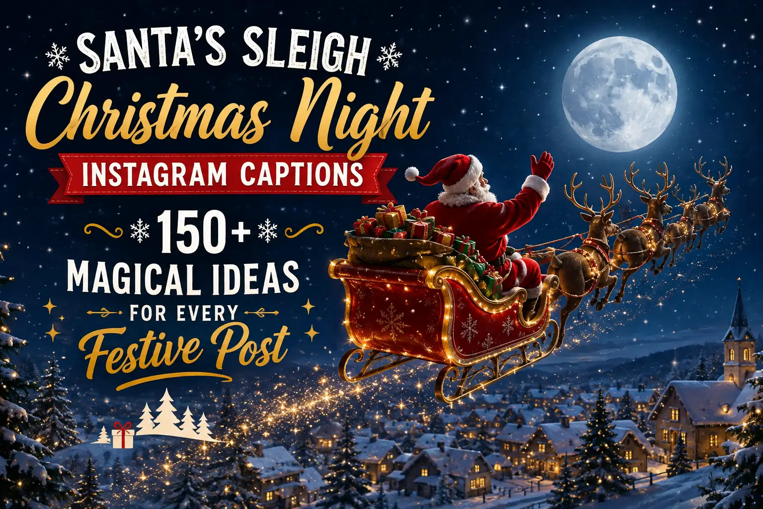 Santa's sleigh flying over a snowy Christmas village at night with a full moon