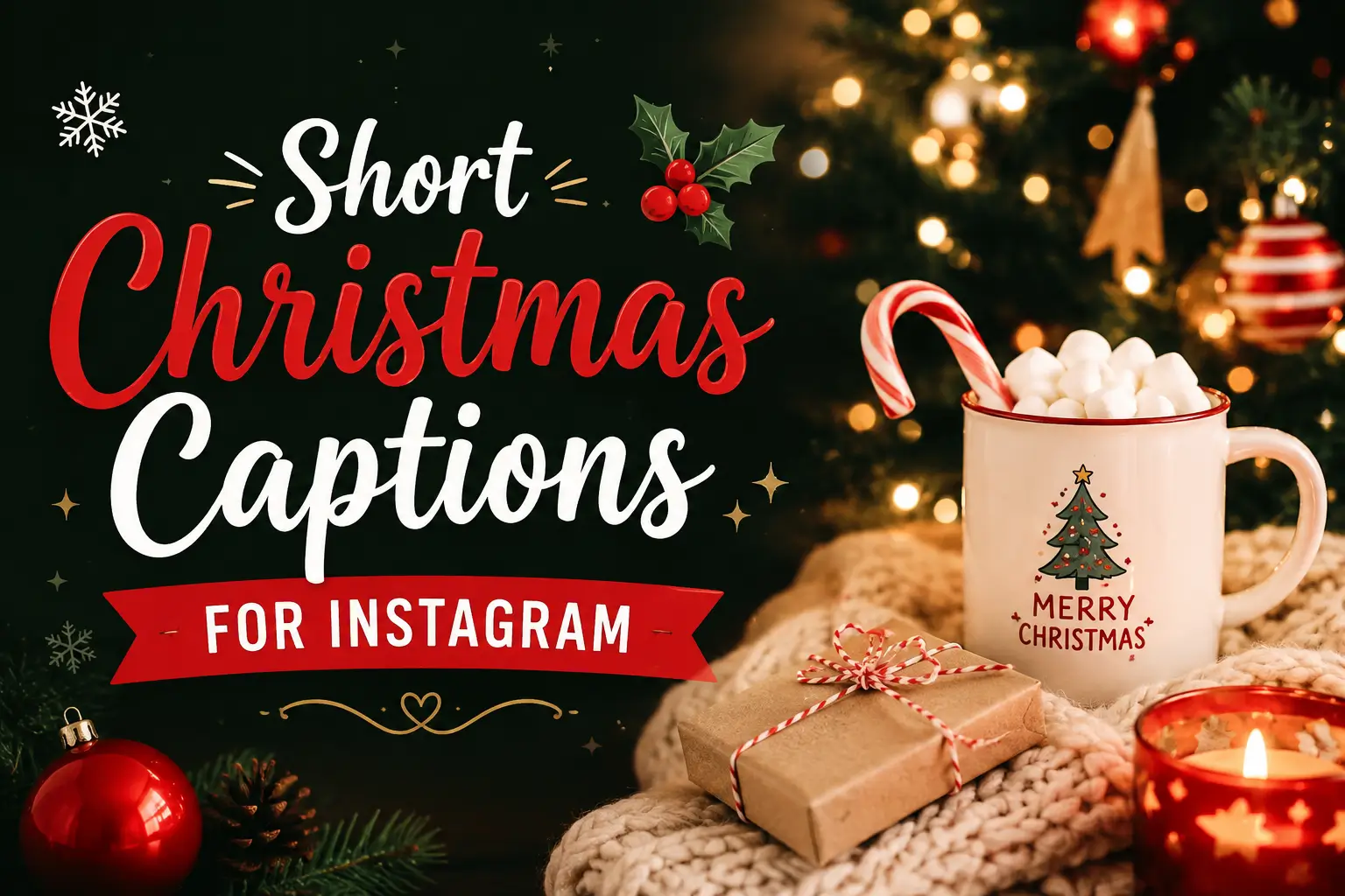 Short Christmas captions for Instagram with festive Christmas decorations, hot cocoa, gifts, and holiday lights