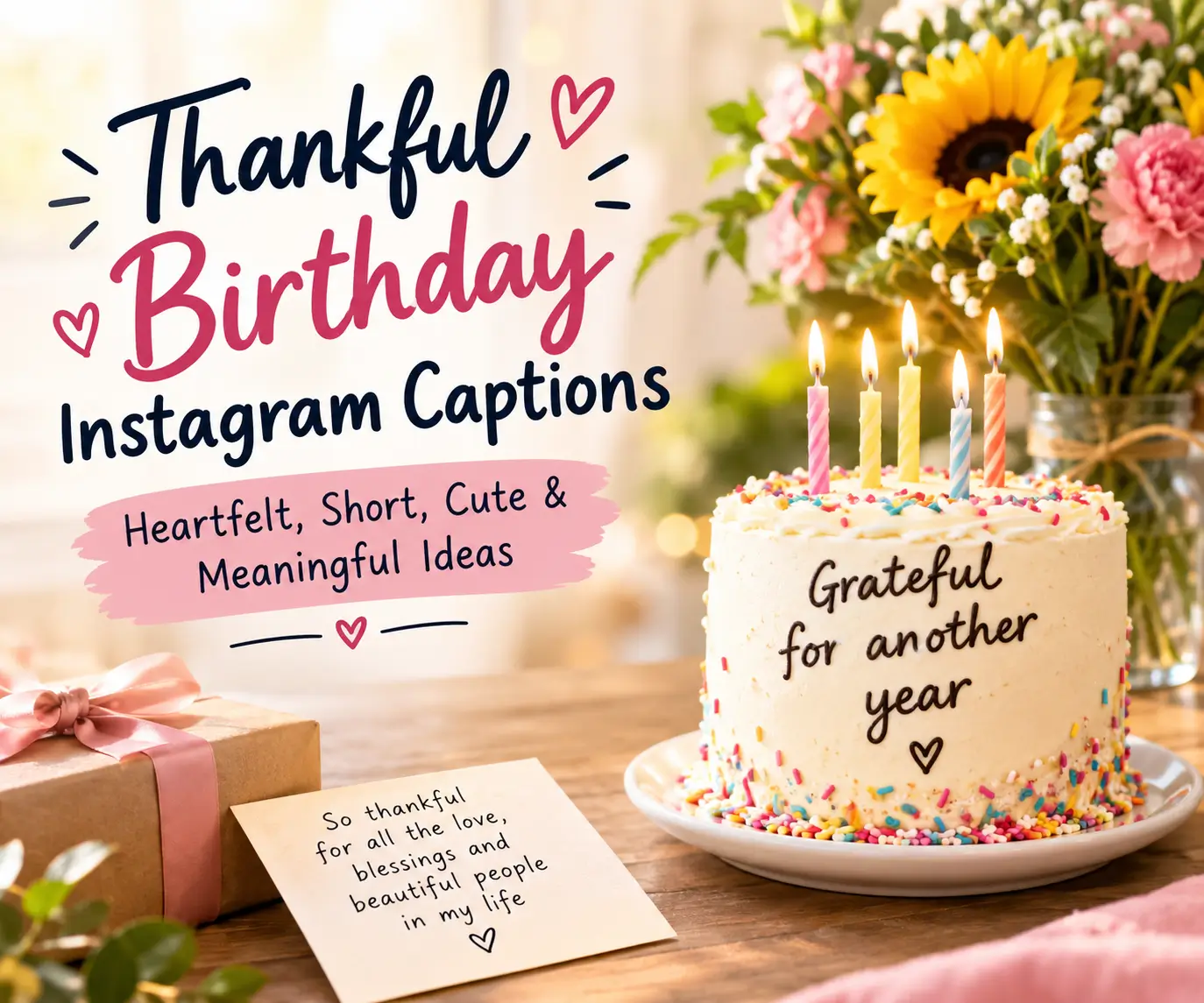 Thankful birthday Instagram captions with a birthday cake, candles, flowers, gift, and heartfelt gratitude message