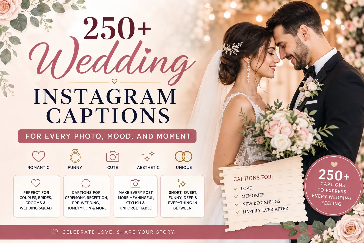 Romantic bride and groom with 250+ wedding Instagram captions for romantic, funny, cute, aesthetic, and unique wedding photos