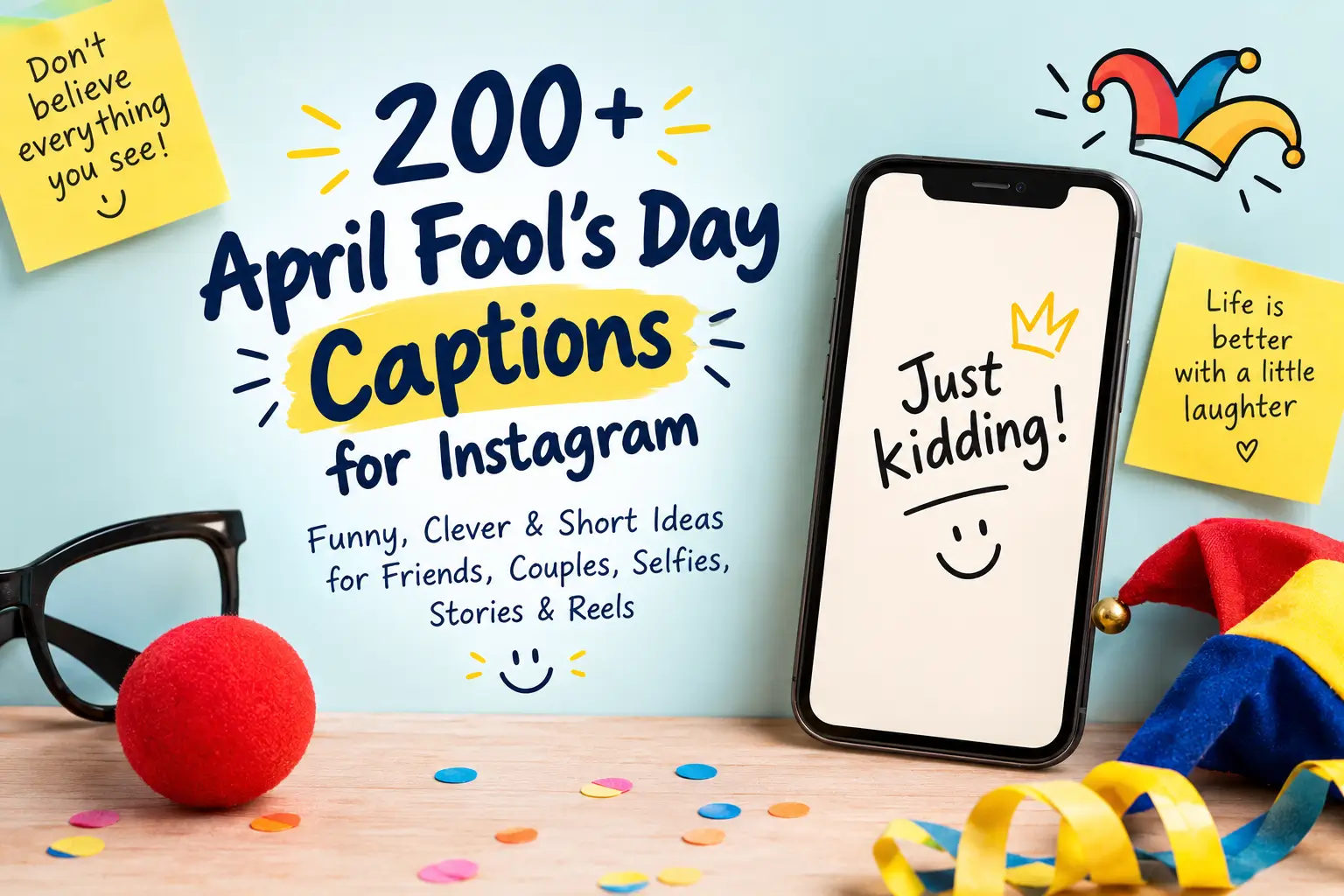 April Fool’s Day captions for Instagram with funny prank ideas and a playful smartphone graphic.