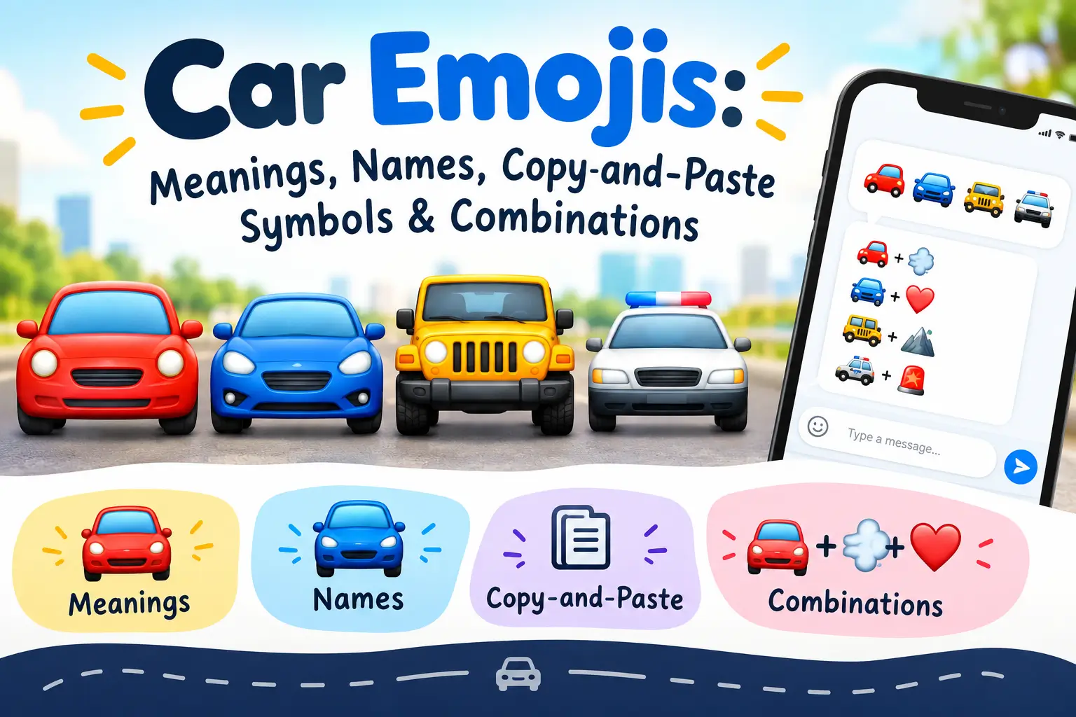 Car emojis with meanings, names, copy-and-paste symbols, and emoji combinations