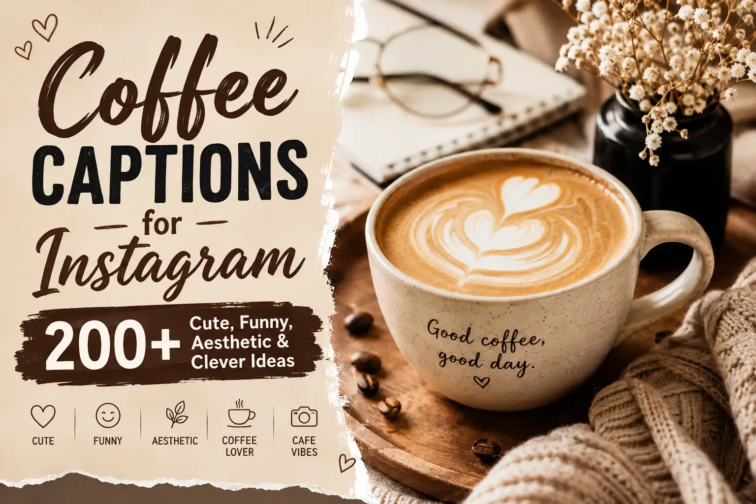 Coffee Captions for Instagram with a latte, coffee cup, and cozy café aesthetic