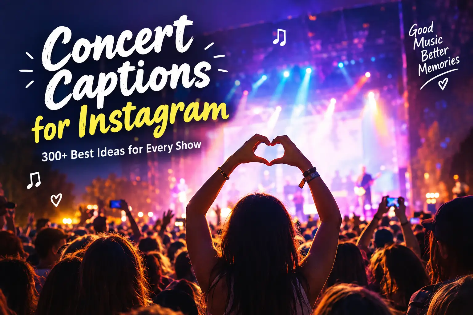 Concert Captions for Instagram featuring a cheering crowd, colorful stage lights, and live music.