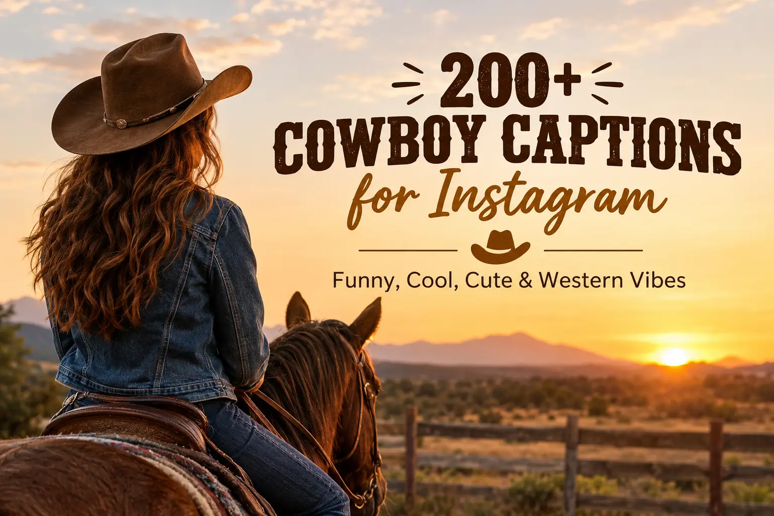 Cowboy captions for Instagram featuring a cowgirl on horseback at sunset