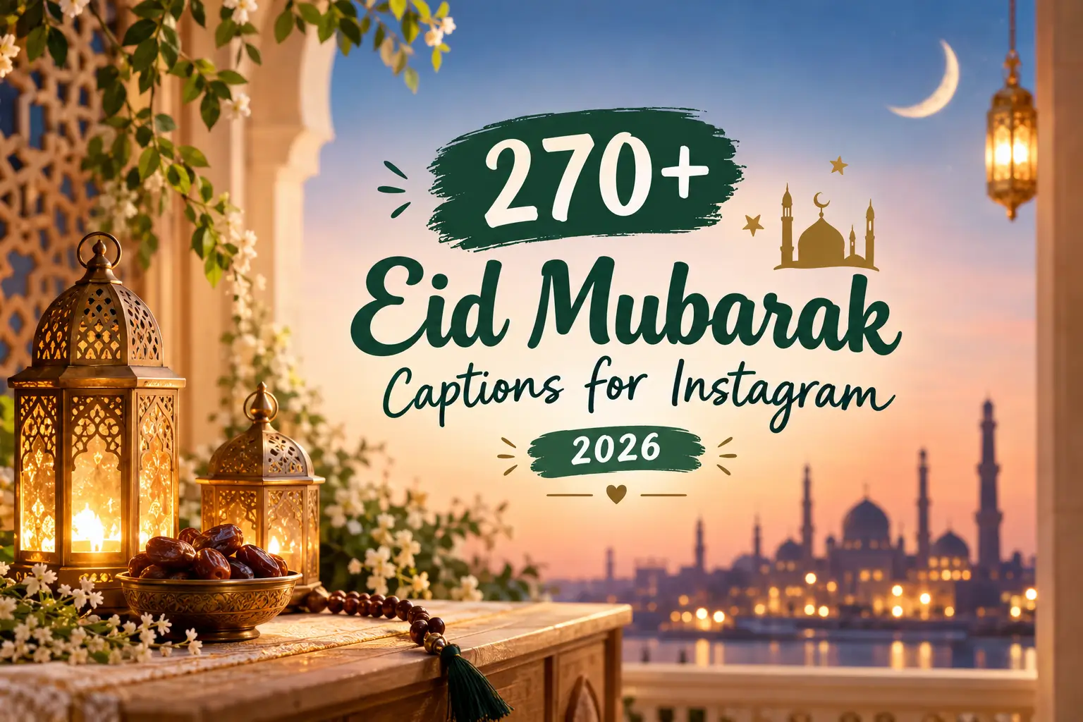 270+ Eid Mubarak captions for Instagram with crescent moon and lanterns