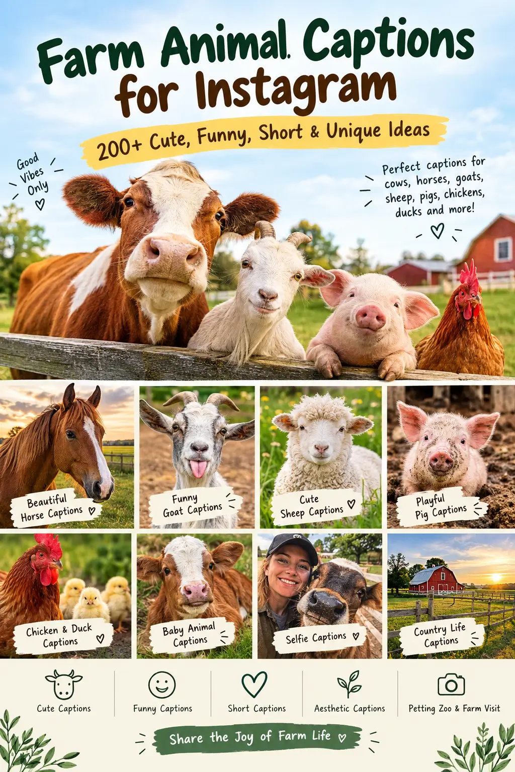Farm animals including a cow, goat, pig, horse, sheep, chickens, and ducks for Instagram caption ideas.