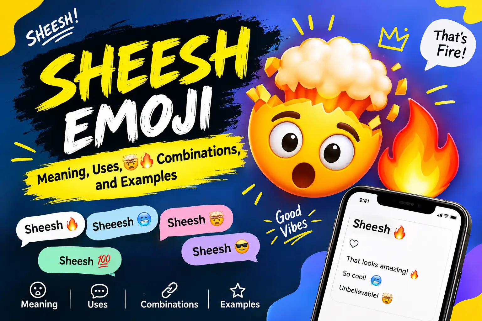 Sheesh emoji meaning with mind-blown face, fire emoji, and popular emoji combinations.