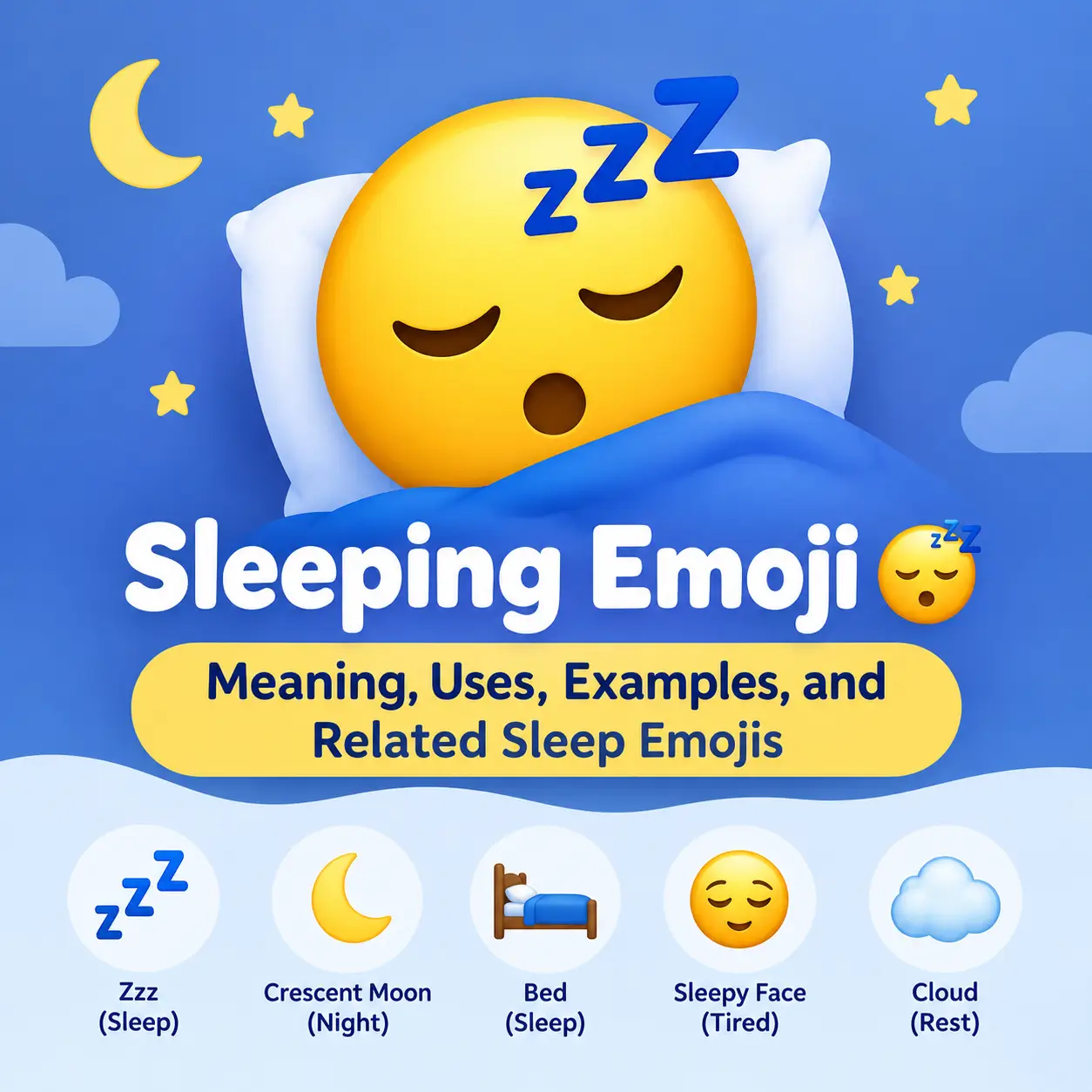 Sleeping emoji 😴 meaning with related sleep emojis, Zzz symbols, and moon icons