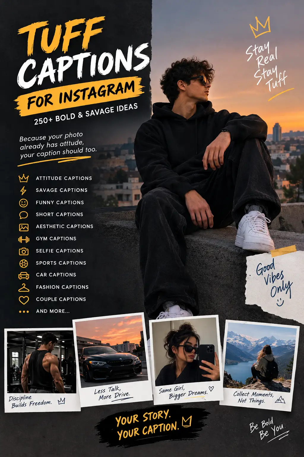 Tuff Captions for Instagram featuring bold, savage, short, funny, gym, selfie, and attitude caption ideas