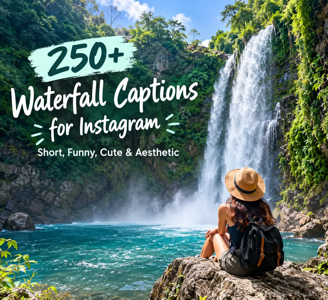 Waterfall Captions for Instagram with a beautiful scenic waterfall and lush green forest