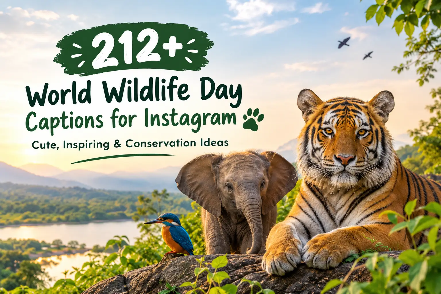 212+ World Wildlife Day captions for Instagram featuring a tiger, elephant, and kingfisher in a natural landscape.