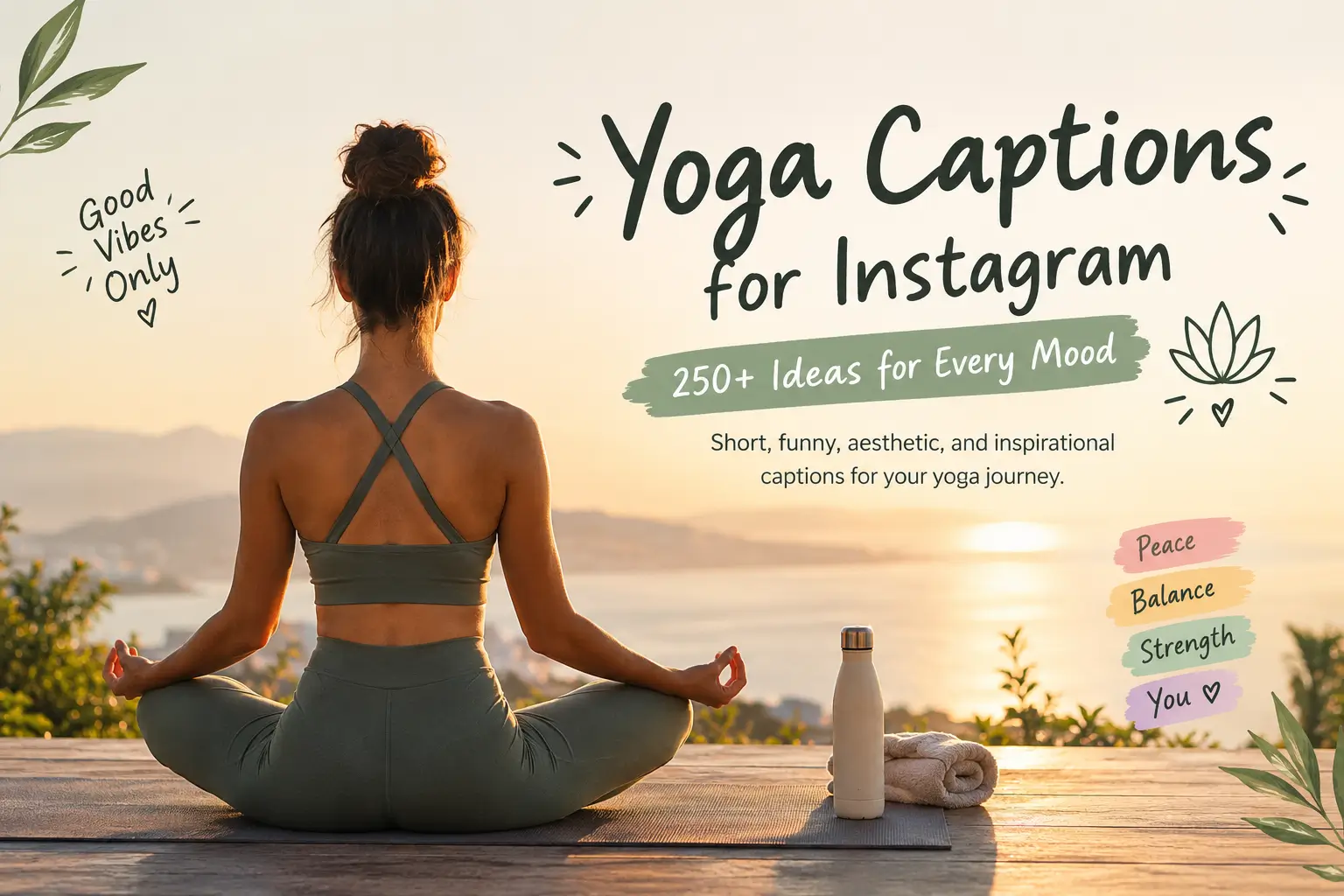 Yoga Captions for Instagram featuring a woman meditating at sunrise